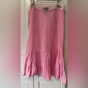 Inca Pink Linen ALine Boho Maxi Skirt Intricate Beaded Waist, Side Zip w Ties Lg